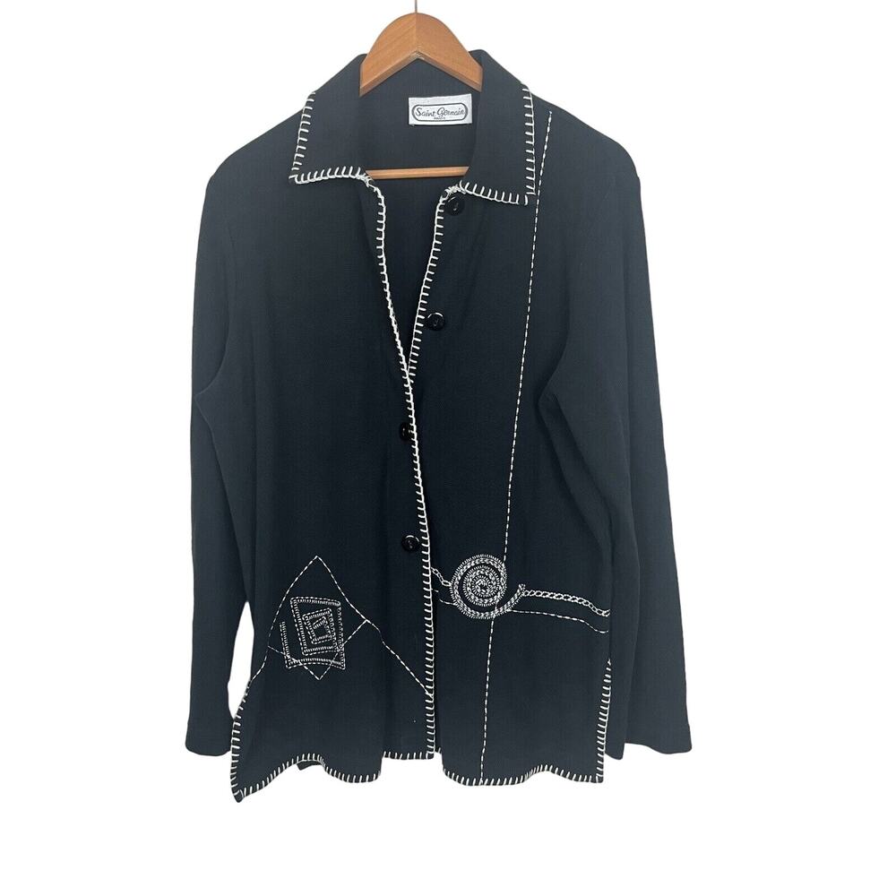 Vintage SAINT GERMAIN PARIS Knit Embroidered Cardigan Jacket Sz Medium Large